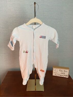 Kissy Kissy Light Blue Stripe Footed One-Piece with Vehicle Embroidery